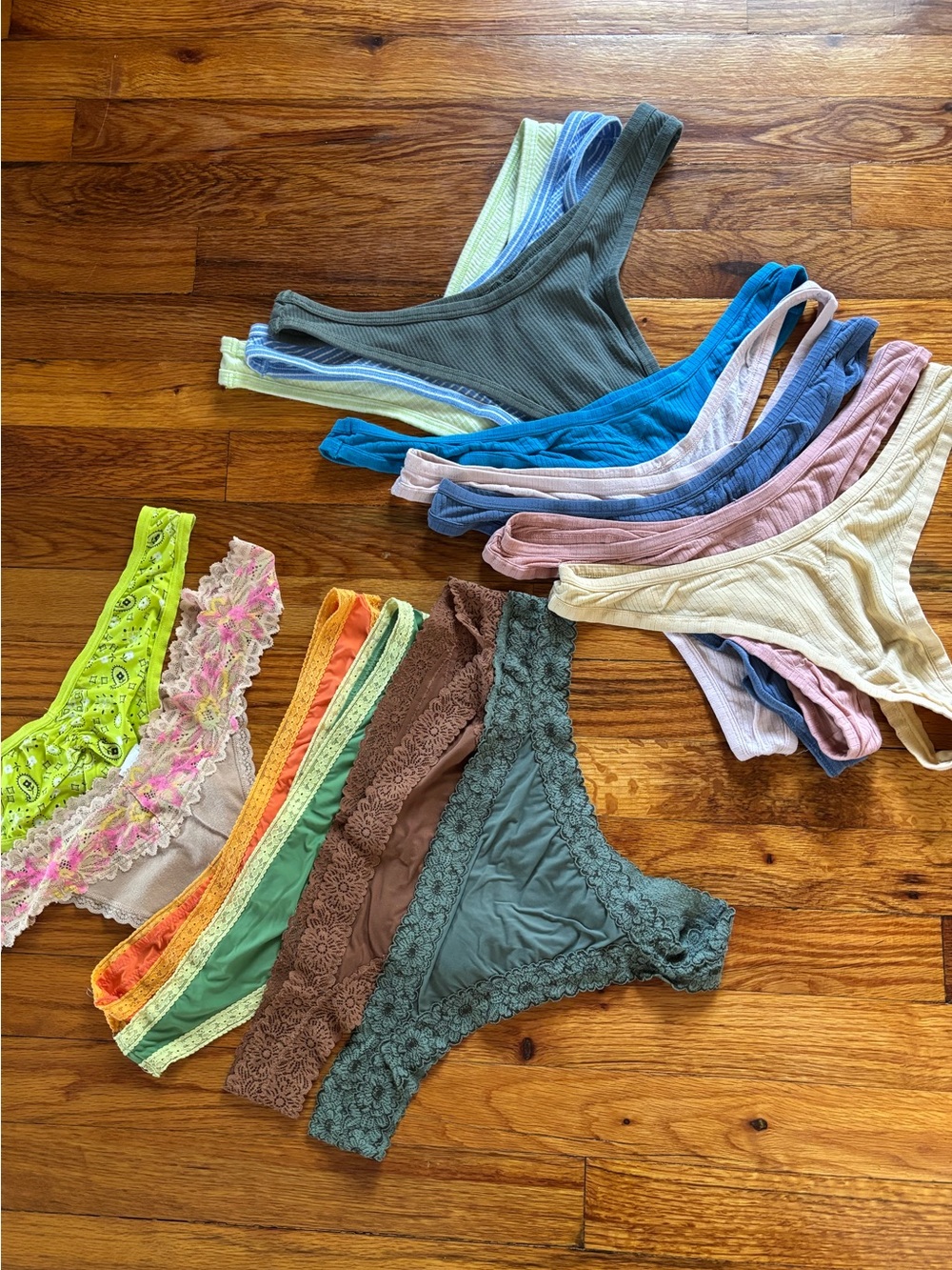 Bundle of 14 XL Women’s Rib & Lace Thong Panties - Multicolor